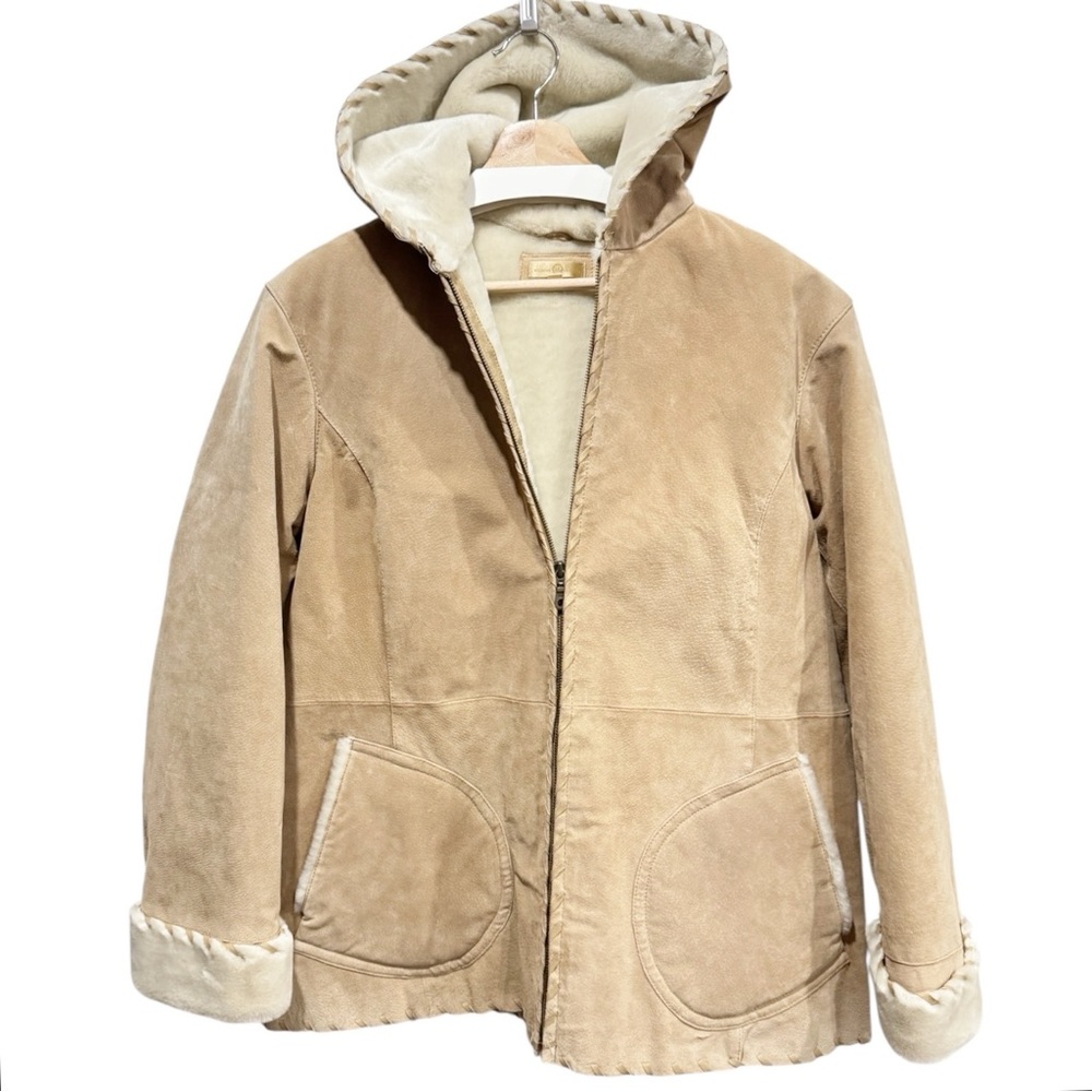 Wilsons Leather Tan Suede Coat Ivory Faux Fur Lined Hooded Jacket Womens 1X - Picture 3 of 15